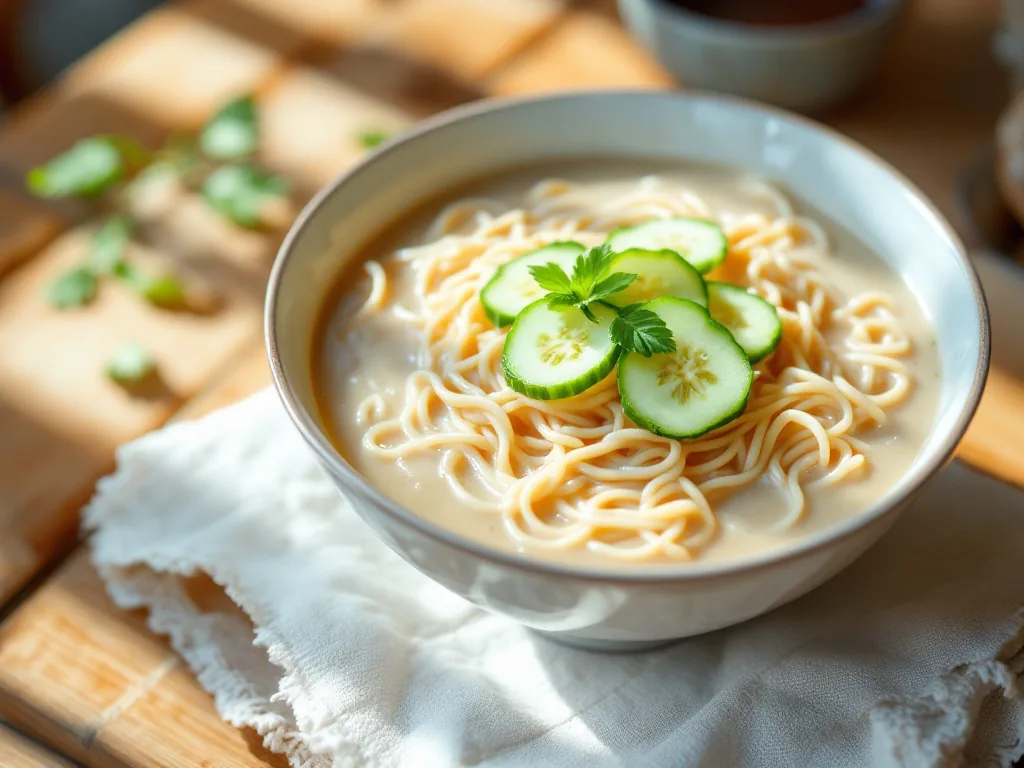 a bowl of cold creamy soybean noodle soup topped with sliced cucumber, on a rustic wooden table, bright summer daylight, korean food, no text