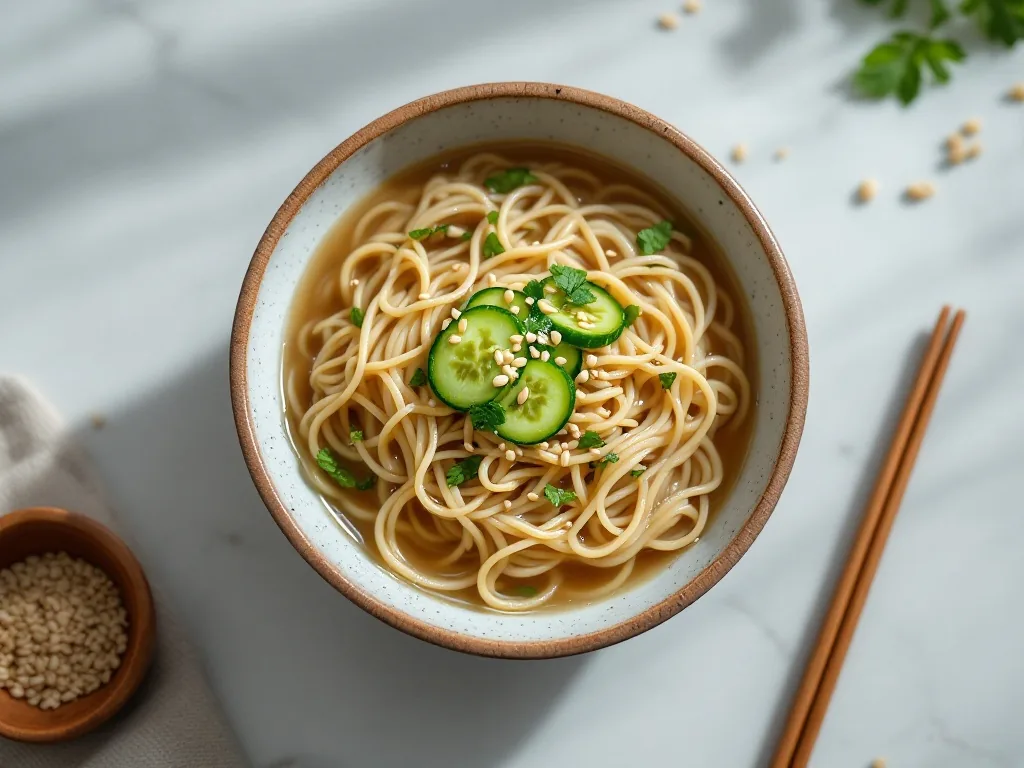 a bowl of cold konguksu soybean noodle soup topped with cucumber julienne and sesame seeds, summer lunchtime, minimalist Korean home kitchen background, overhead close-up shot