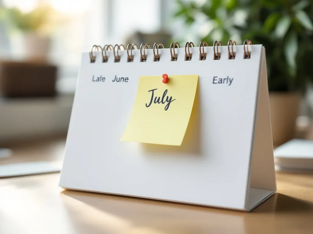 a calendar on a desk showing late June and early July with a sticky note reminder, soft natural window light, close-up, organized home office setting