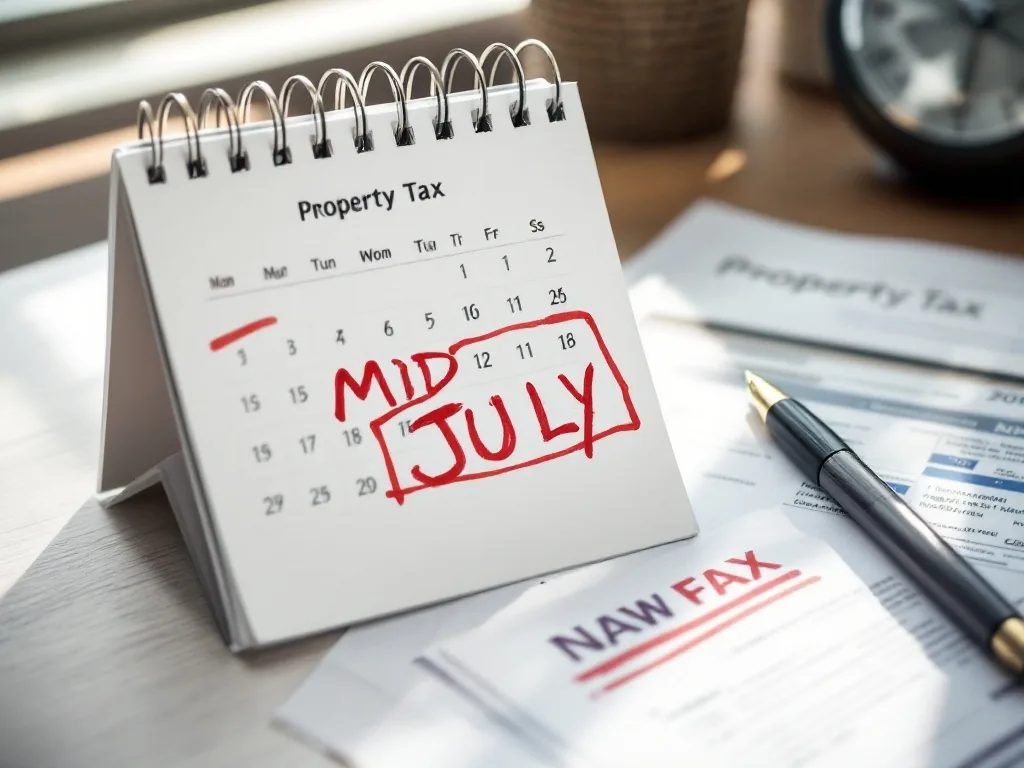 a calendar on a desk with mid-July dates circled in red marker next to a property tax document and a pen, soft natural window light, clean and organized mood, editorial photography