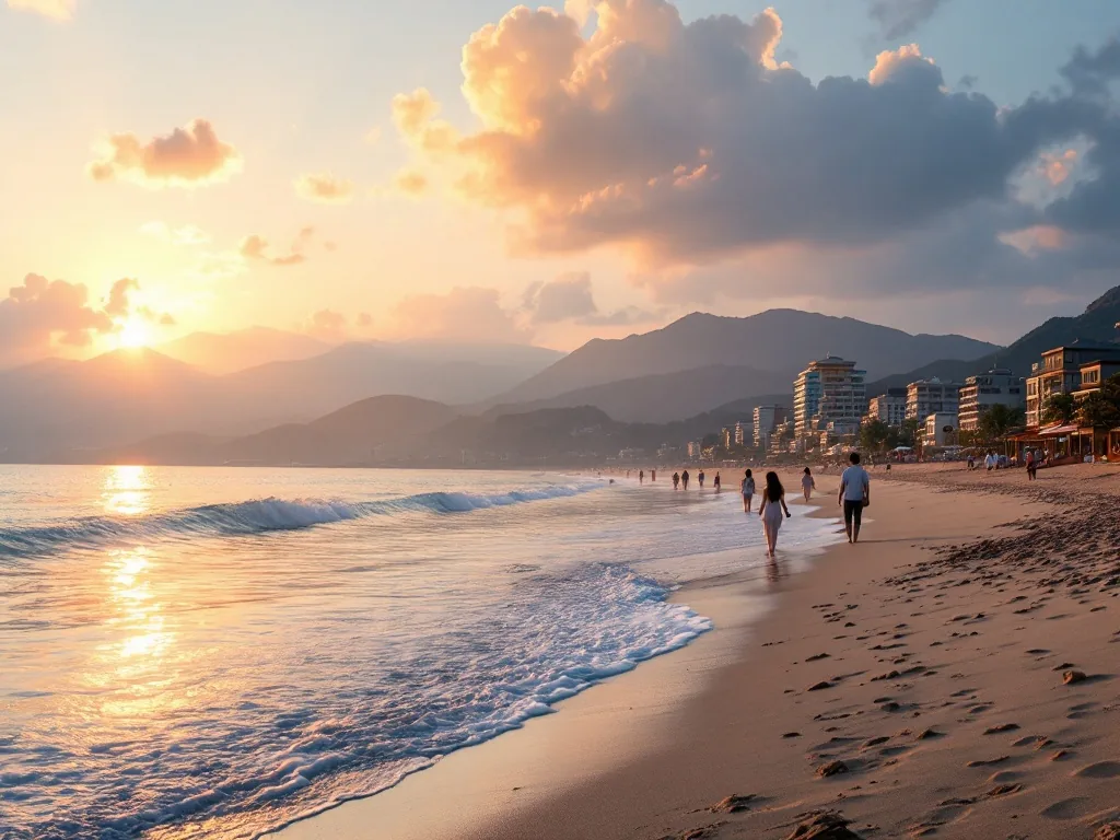 a calm beach at dusk with families walking along the shore, warm summer evening light, gentle waves, korean coastal town, photorealistic