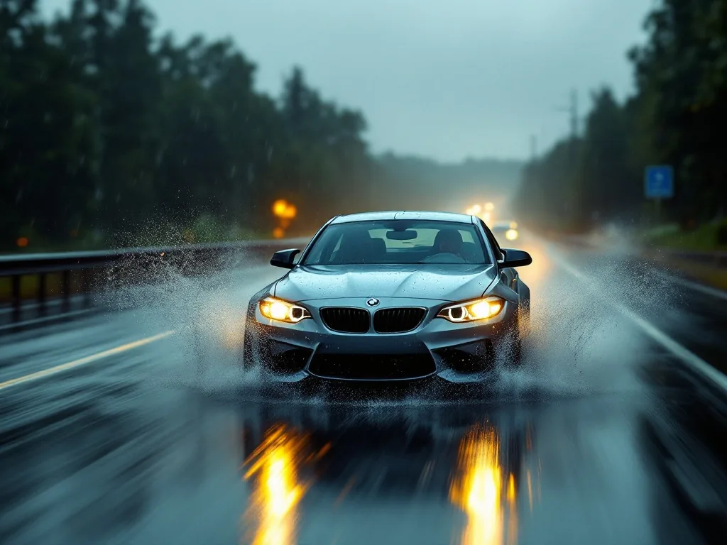 a car driving on a wet highway during heavy summer rain, water spray from tires, windshield wipers in motion, moody overcast light, motion blur, editorial automotive photography