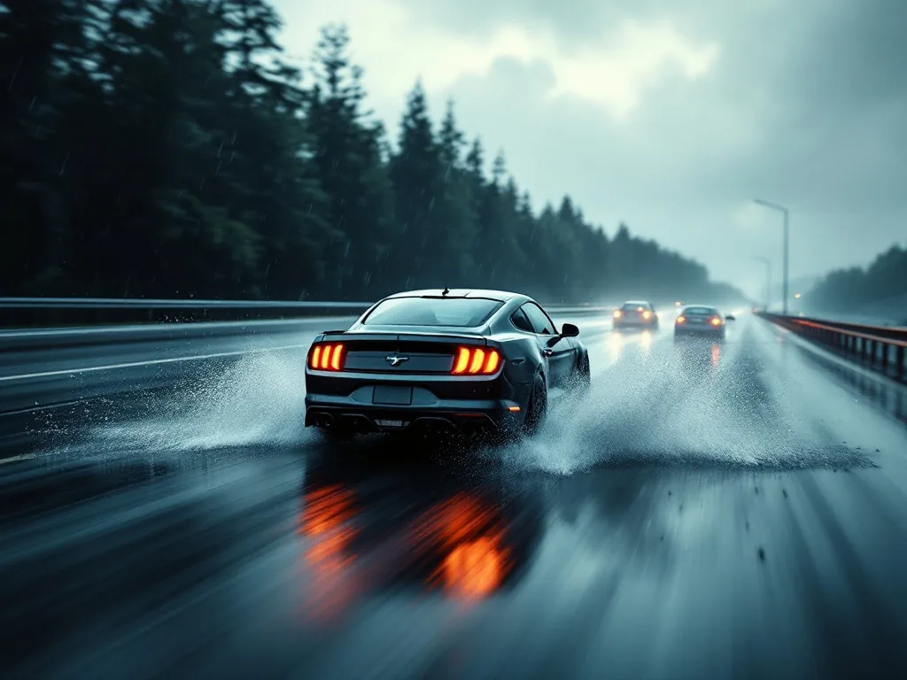 a car driving on a wet highway in heavy rain, water splashing from tires, overcast sky, safety concern, cinematic automotive photography, dramatic wide angle