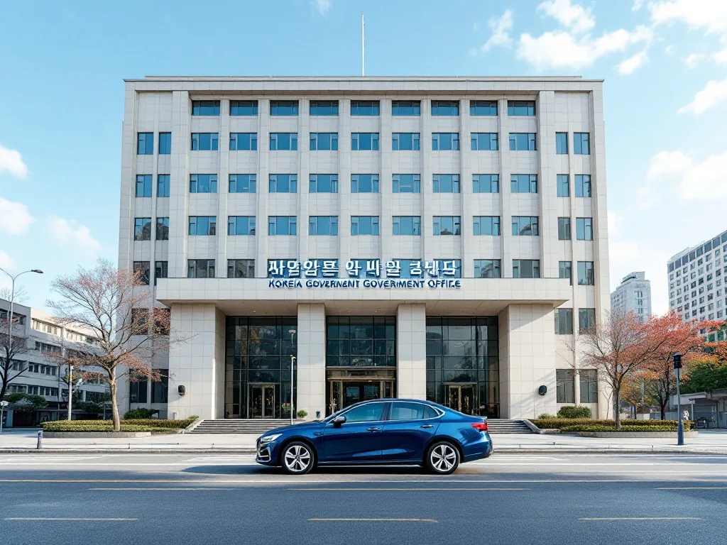a car parked in front of a Korean government office building on a clear day, wide editorial shot, clean urban setting, soft daylight