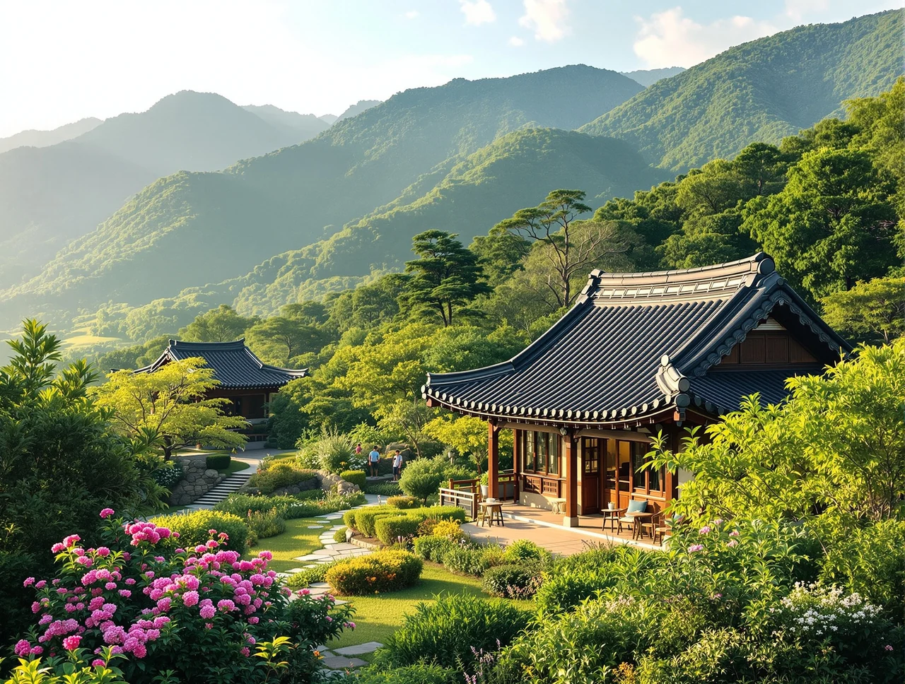 a charming traditional Korean pension surrounded by green summer mountains, warm late-afternoon light, inviting countryside getaway, wide editorial landscape photography