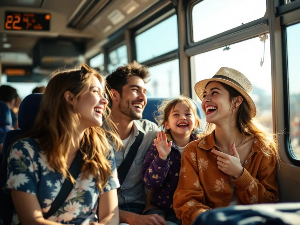 a cheerful family riding a shuttle bus to a beach summer festival in Korea, luggage overhead, sunny window light, candid travel photography style
