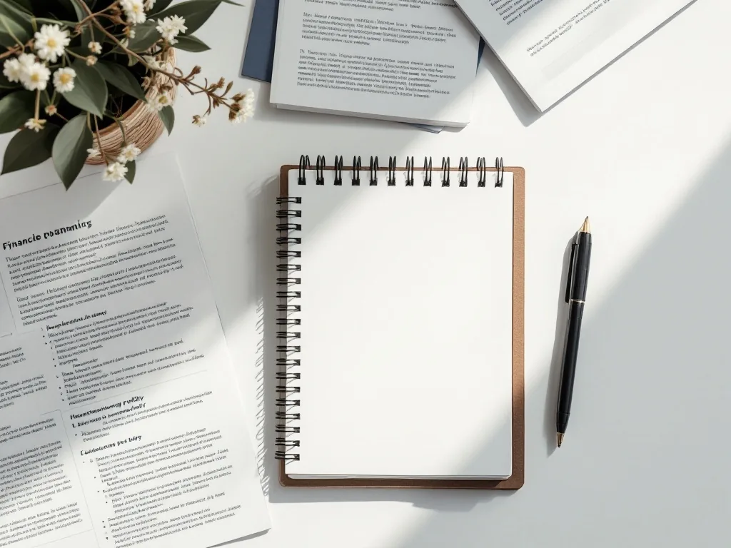 a clean white desk with a notepad showing financial planning notes, Korean government policy documents spread nearby, soft diffused daylight, flat lay editorial