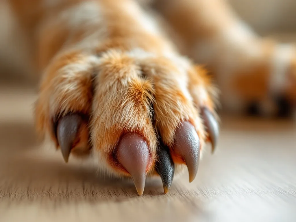 a close-up of a dog's paw with reddish-brown discoloration between the toes on a light wooden floor, soft warm indoor light, macro detail shot, editorial pet health photography