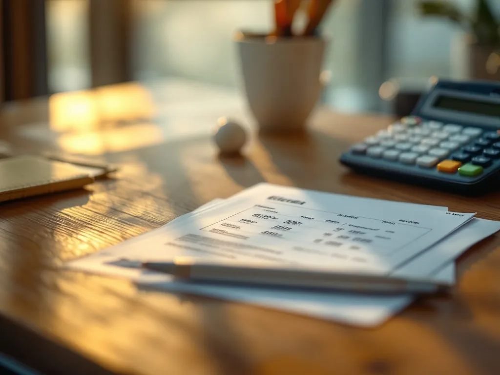 a close-up of a Korean electricity bill statement and a calculator on a wooden table, warm window light, realistic editorial photography, shallow depth of field