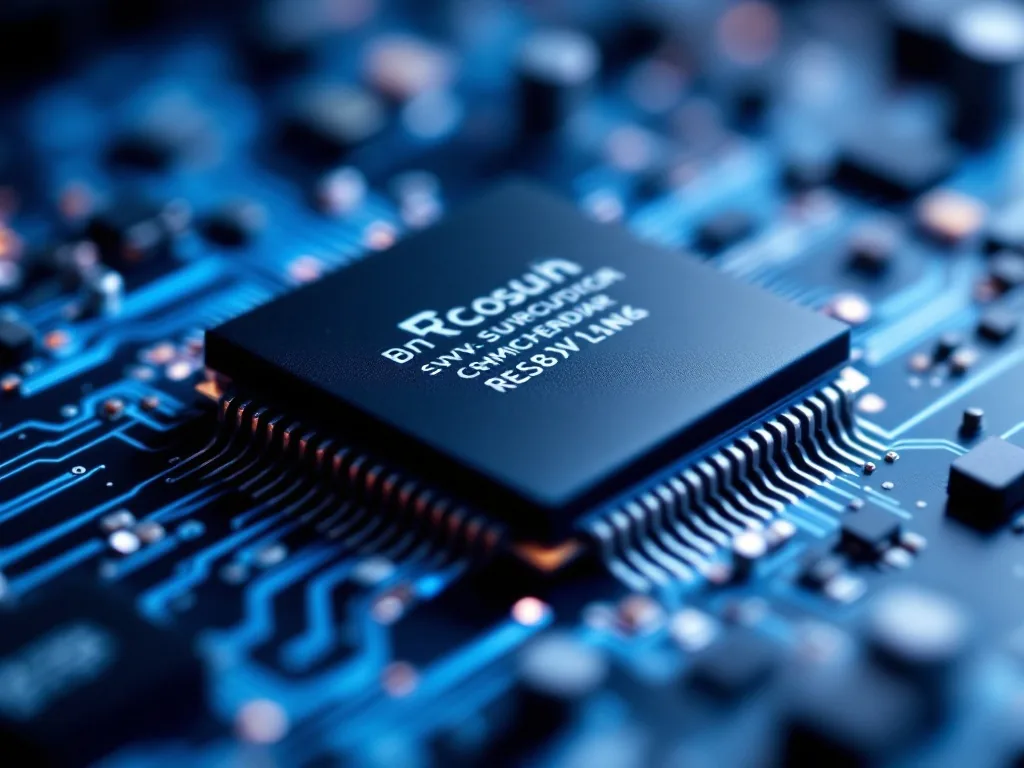 a close-up of a modern semiconductor chip on a circuit board, cool blue tones, macro lens, editorial technology photography
