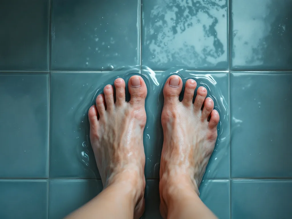 a close-up of a person's bare feet on a wet bathroom tile floor, soft overhead light, clinical health photography, no face shown
