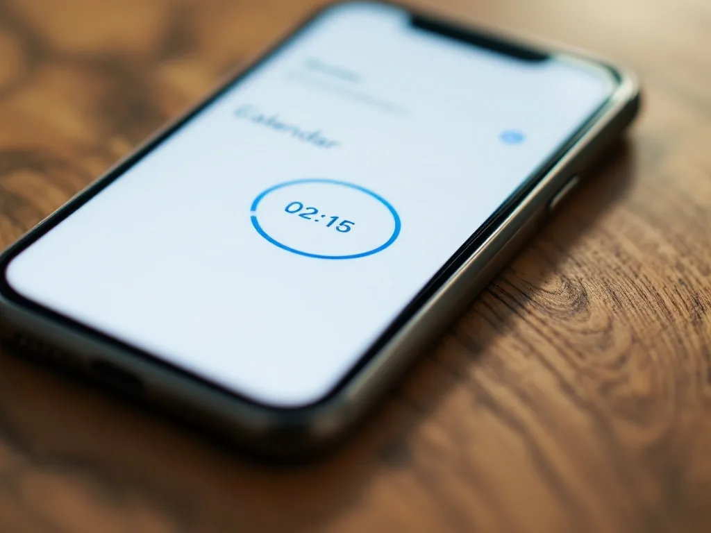 a close-up of a smartphone screen showing a banking app calendar with a date circled in blue, soft bokeh background, warm neutral tones, top-down flat lay shot