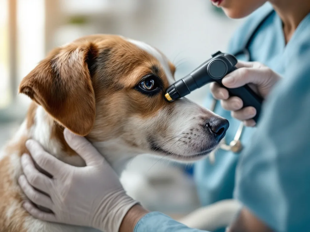 a close-up of a veterinarian gently examining the inside of a dog's ear with an otoscope in a clean clinic, soft natural light, calm mood, editorial veterinary photography