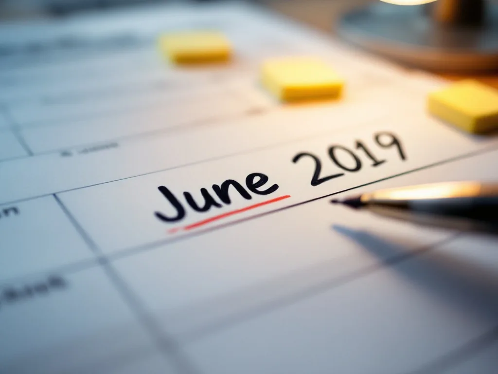 a close-up of calendar showing June and July months with a deadline marked, small sticky notes around it, warm desk lamp light, soft shallow focus, planning and urgency mood