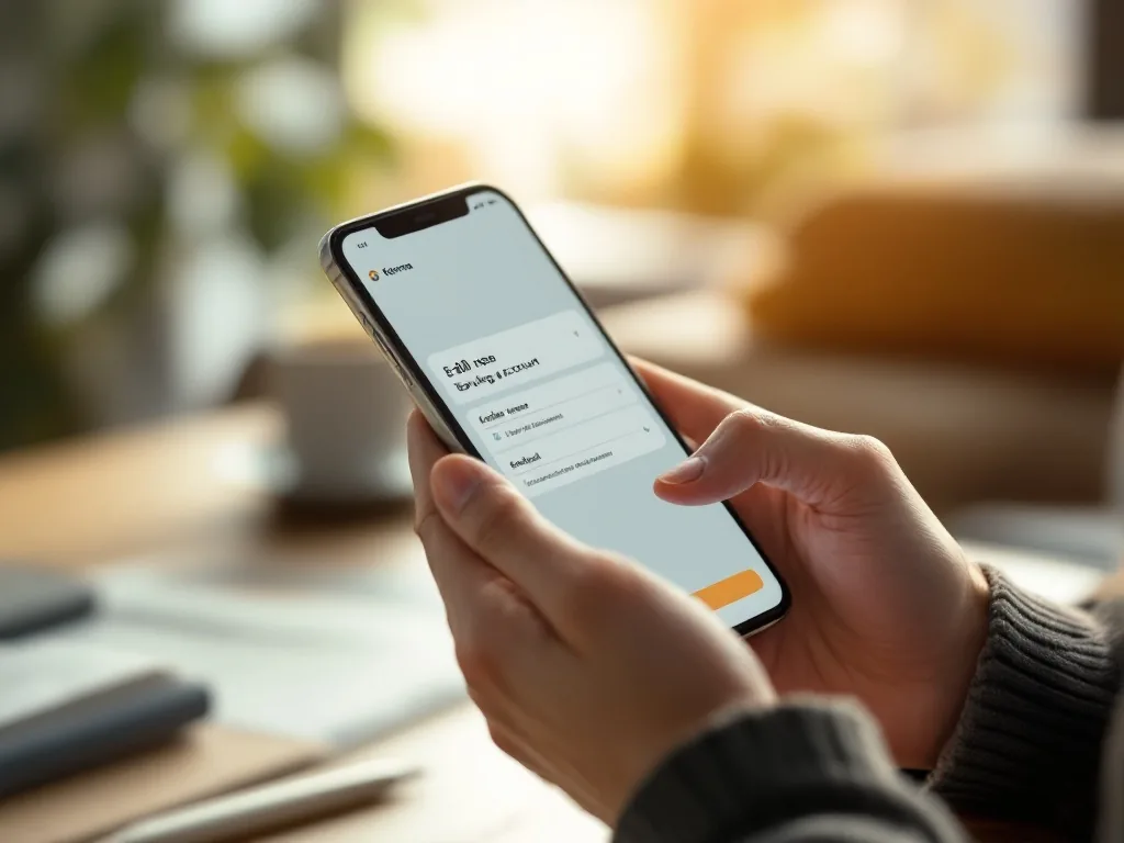 a close-up of hands holding a smartphone with a Korean banking app open, showing a savings account enrollment screen, shallow depth of field, warm indoor light, clean minimal style