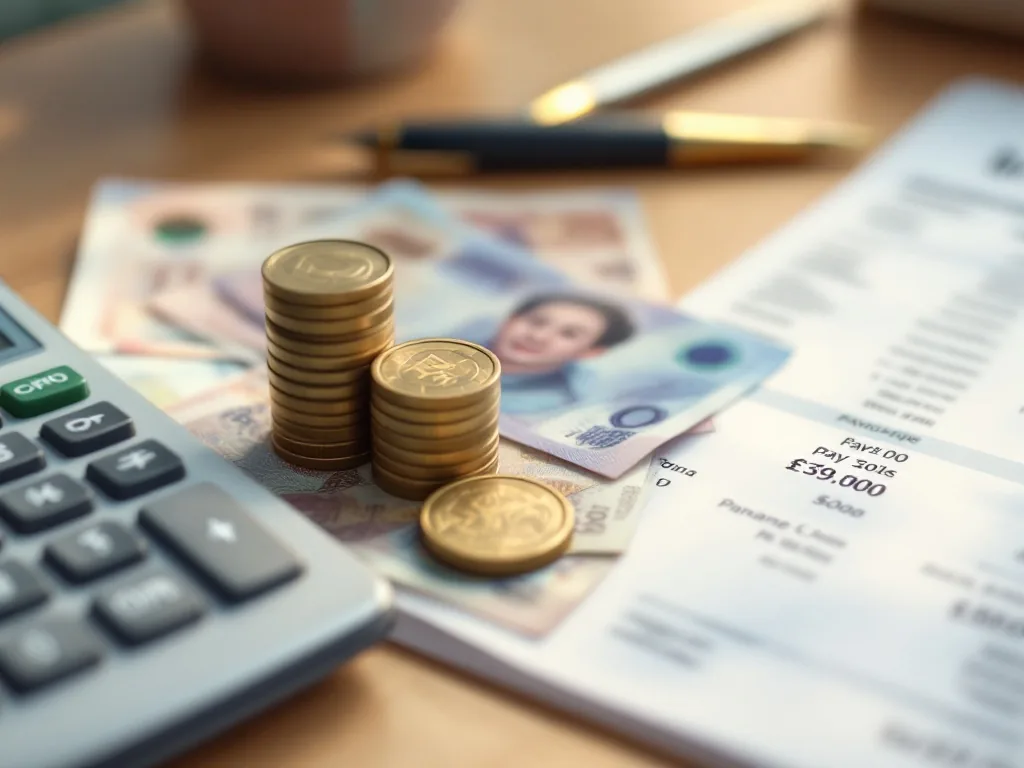 a close-up of korean won banknotes and coins next to a calculator and a printed payslip on a wooden office desk, soft natural window light, no text, editorial finance photography, shallow depth of field