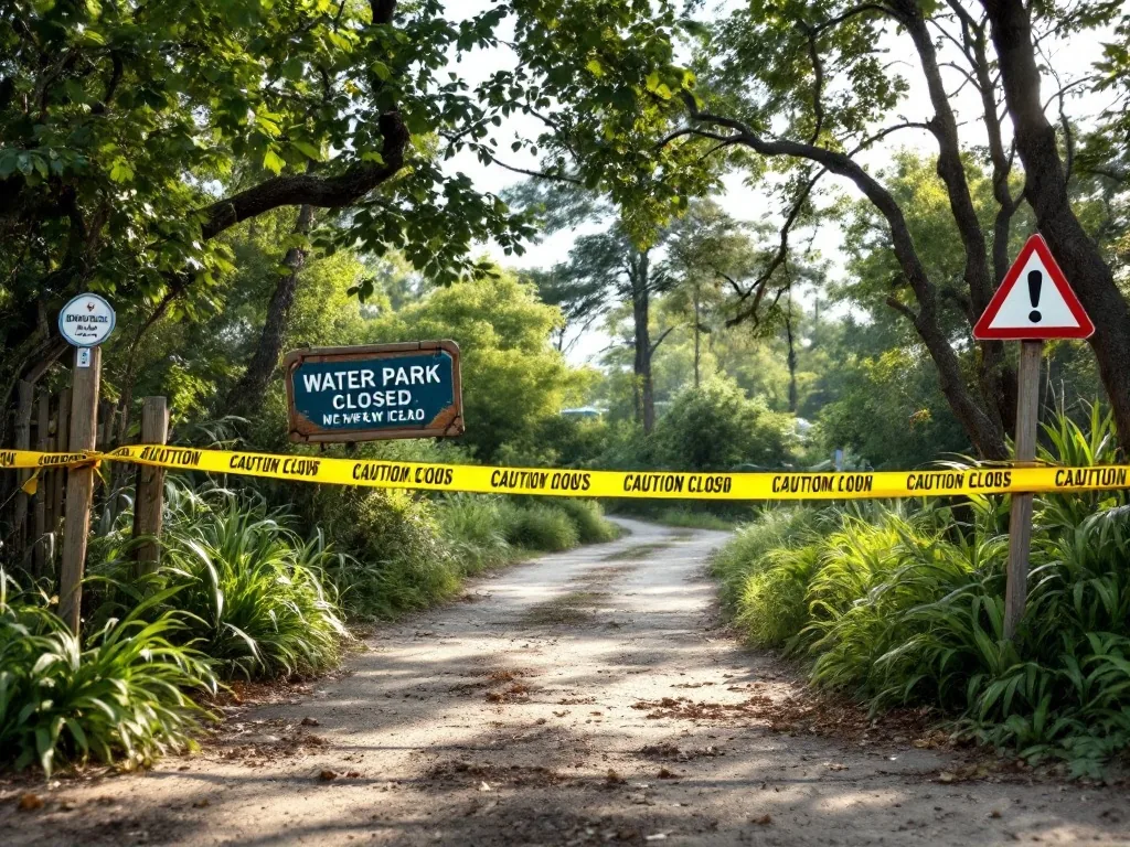 a closed water park entrance with yellow caution tape and a warning sign, summer afternoon, overgrown path, safety hazard documentary style, wide shot