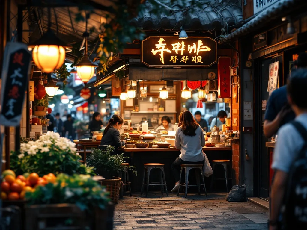 a cozy corner of Gwangjang Market at late afternoon, traditional Korean street food stalls with warm lights, relaxed atmosphere between peak hours, wide angle street food photography