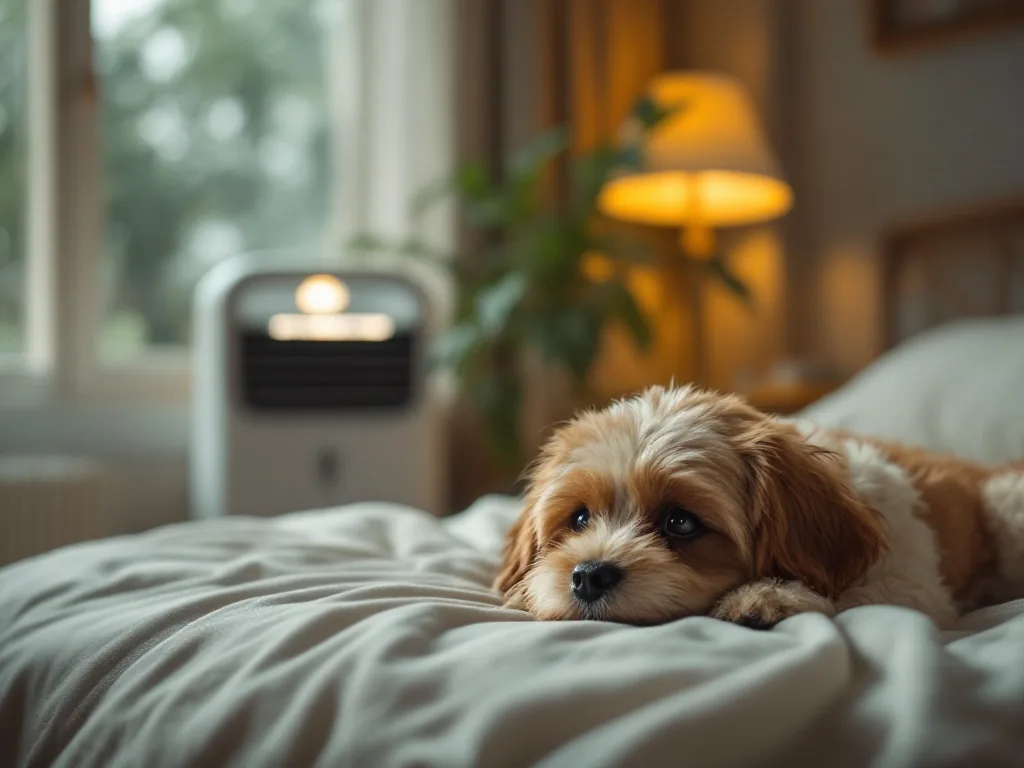 a cozy indoor scene with a small fluffy dog resting on a soft bed while a dehumidifier runs nearby, warm lamp light, calm summer rainy day atmosphere, wide editorial shot
