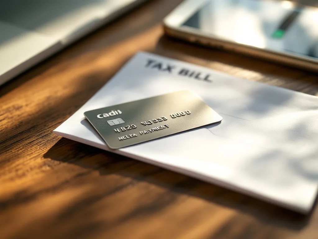 a credit card placed on top of a tax bill envelope next to a smartphone showing a payment app, warm soft light on a wooden desk, calm everyday mood, editorial photography