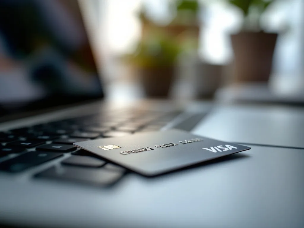 a credit card resting on a laptop keyboard in a softly lit room, online subscription payment concept, over-the-shoulder angle, no face, no readable text