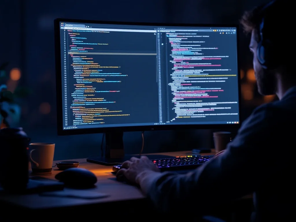 a developer's desk with a large monitor showing colorful lines of code in a dark room, over-the-shoulder angle, soft blue screen glow, no face, no readable text