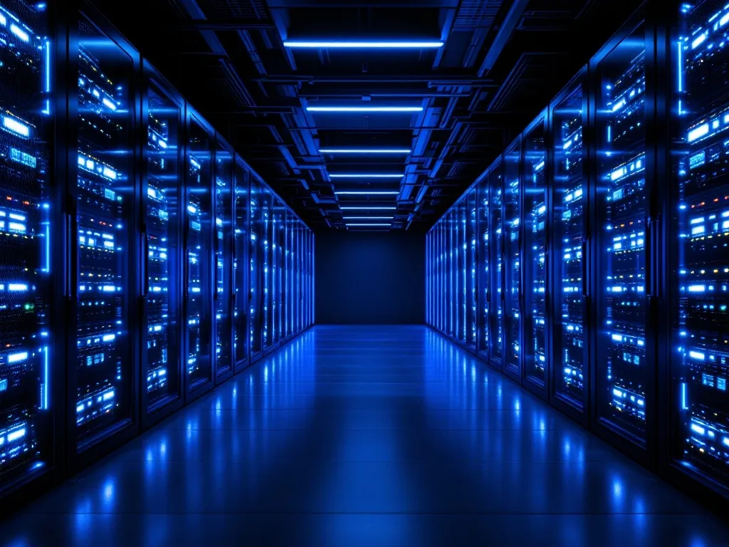 a dim high-security data center server room glowing with rows of blue LED server racks, cinematic atmosphere, no people, no text