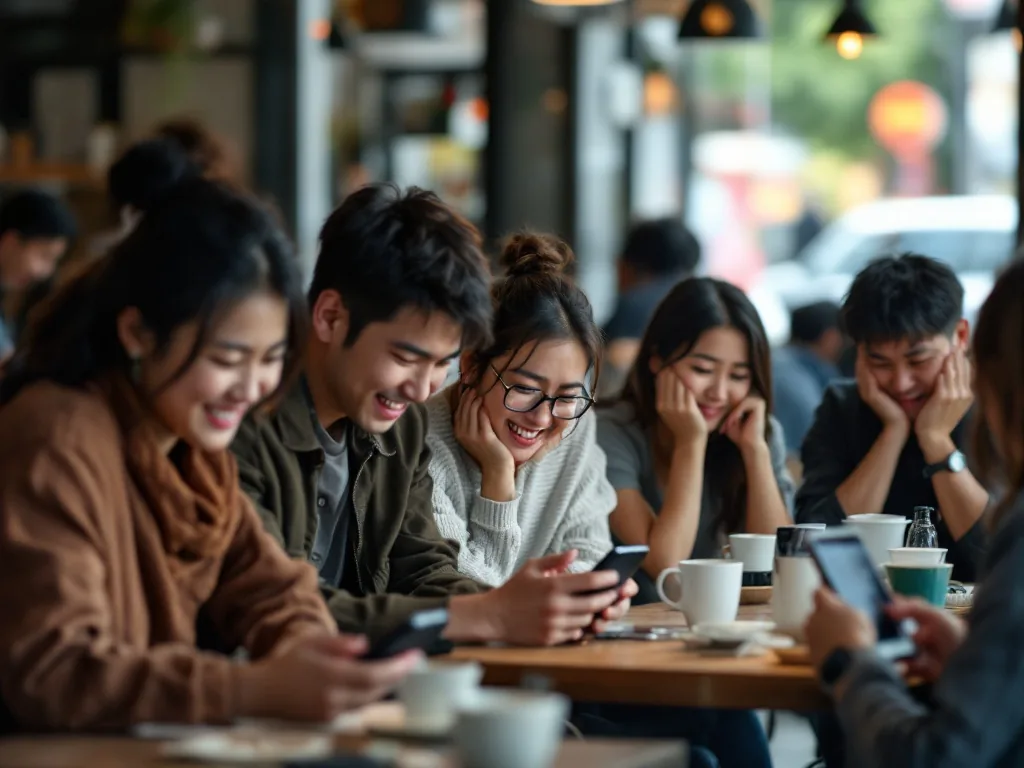 a diverse group of people checking smartphones with mixed expressions of excitement and worry, Korean cafe setting, candid street photography style, natural daylight