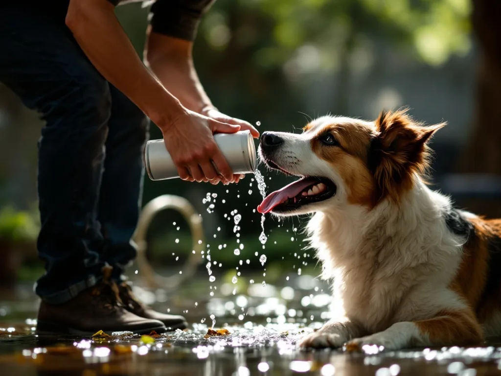 a dog owner gently pouring cool water over a panting dog in a shaded area, caring and calm atmosphere, soft natural light