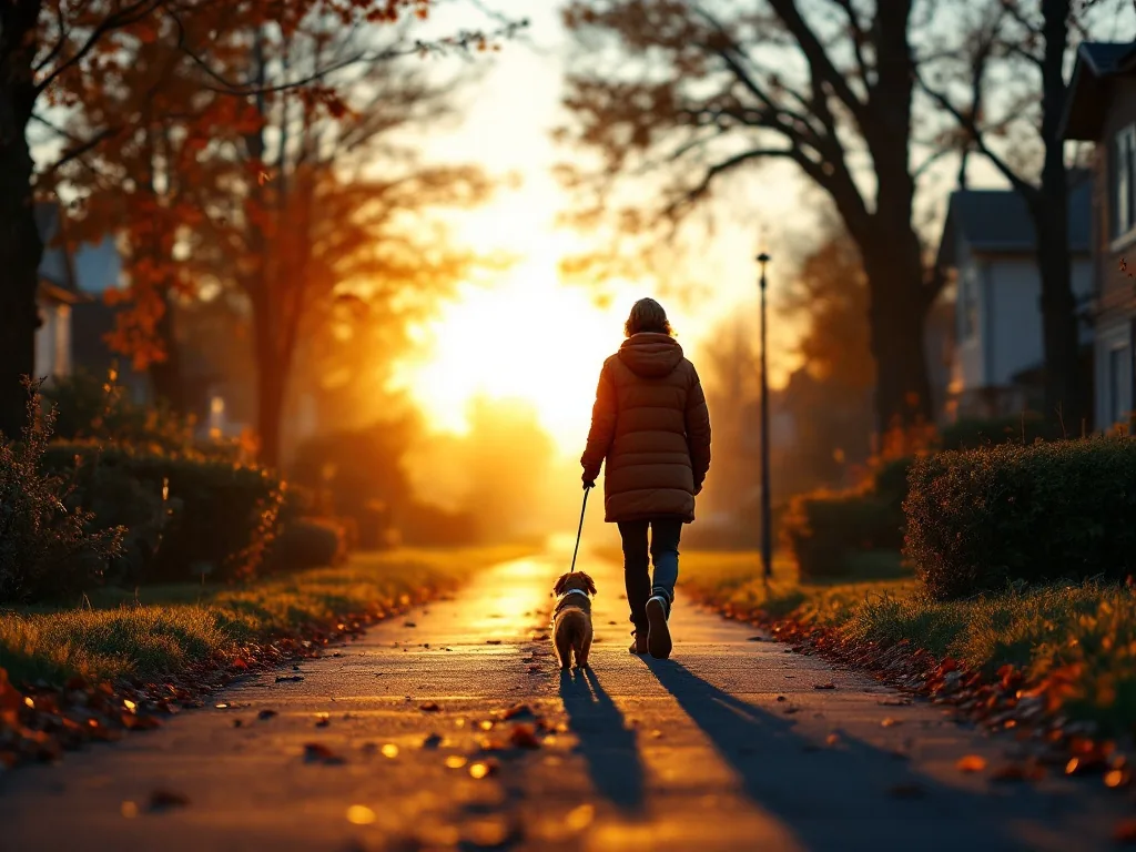 a dog owner walking a small dog in the early morning before sunrise on a quiet neighborhood path, golden blue dawn light, peaceful calm atmosphere, wide shot from behind