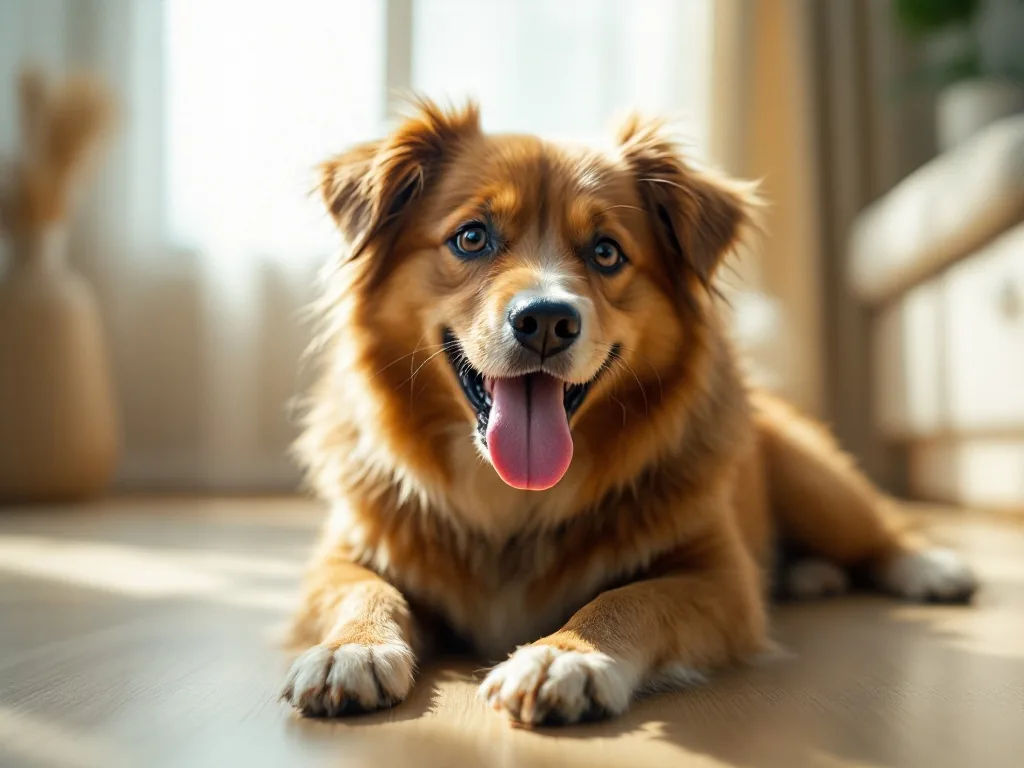 a dog panting heavily with tongue out lying on the floor in a warm Korean apartment on a hot summer afternoon, soft natural window light, worried mood, editorial pet photography, shallow depth of field