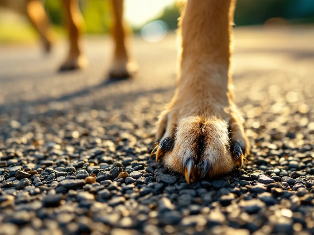 a dog'''s small paw pads pressed against hot asphalt road on a sunny summer day, close-up, harsh midday light, heat distortion in background, street level angle