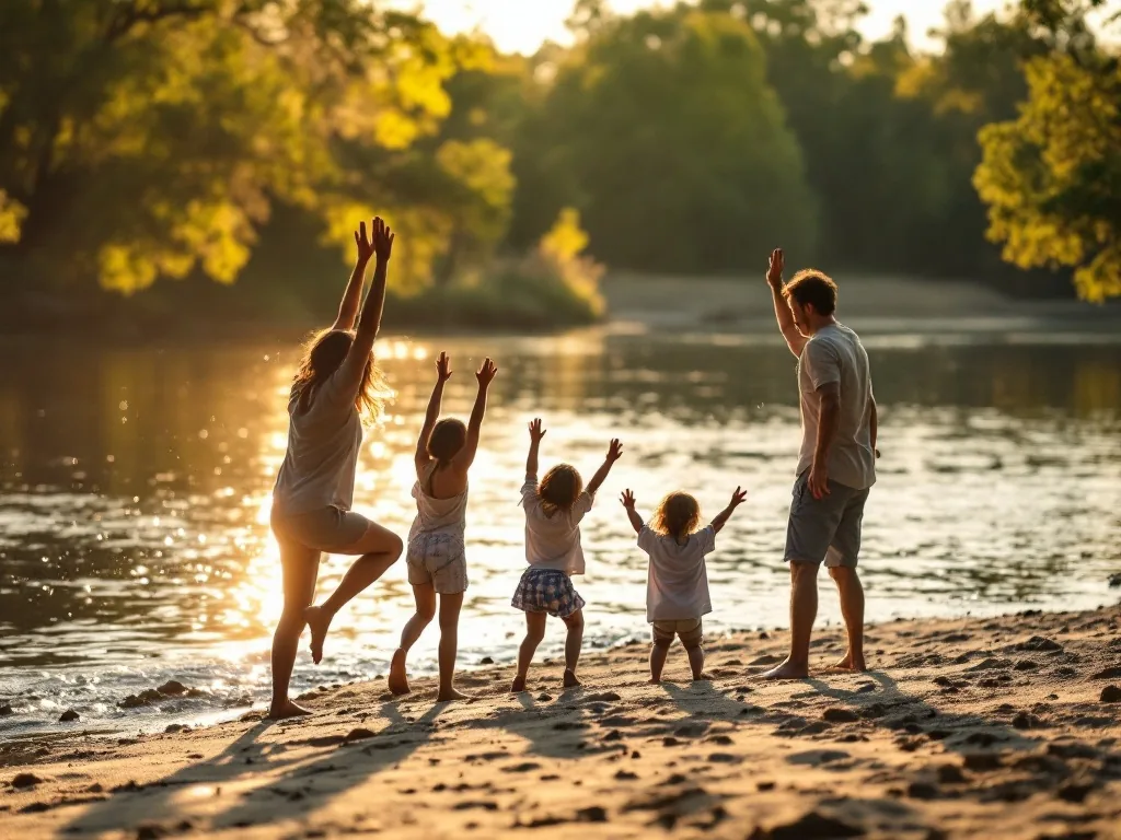 a family doing light stretching exercises on a sandy riverbank before swimming, golden afternoon light, lush summer trees in background, candid editorial photography