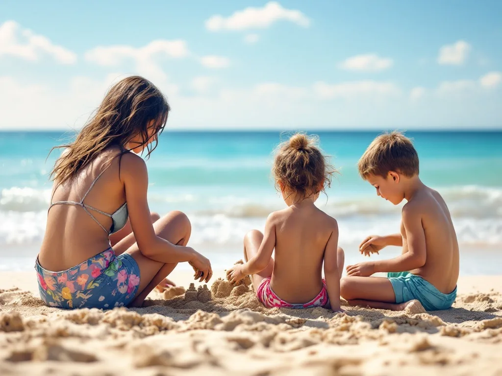 a family with children building sandcastles on a sunny beach with clear blue water, summer vacation mood, back view, photorealistic