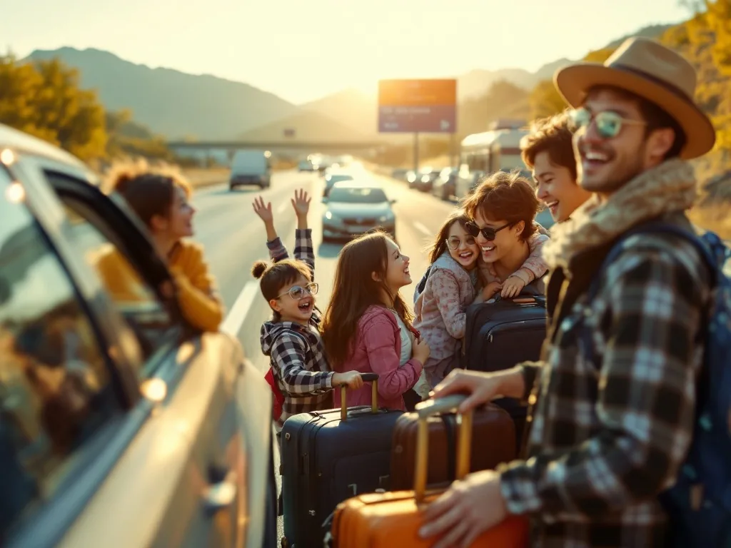 a family with luggage excitedly preparing for a summer road trip at a Korean highway rest stop, sunlight streaming through car windows, cheerful vacation mood, over-the-shoulder shot