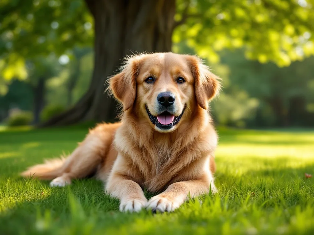 a fluffy golden retriever resting comfortably on cool grass in the shade of a large tree, summer afternoon, dappled light through leaves, relaxed happy dog expression, wide shot