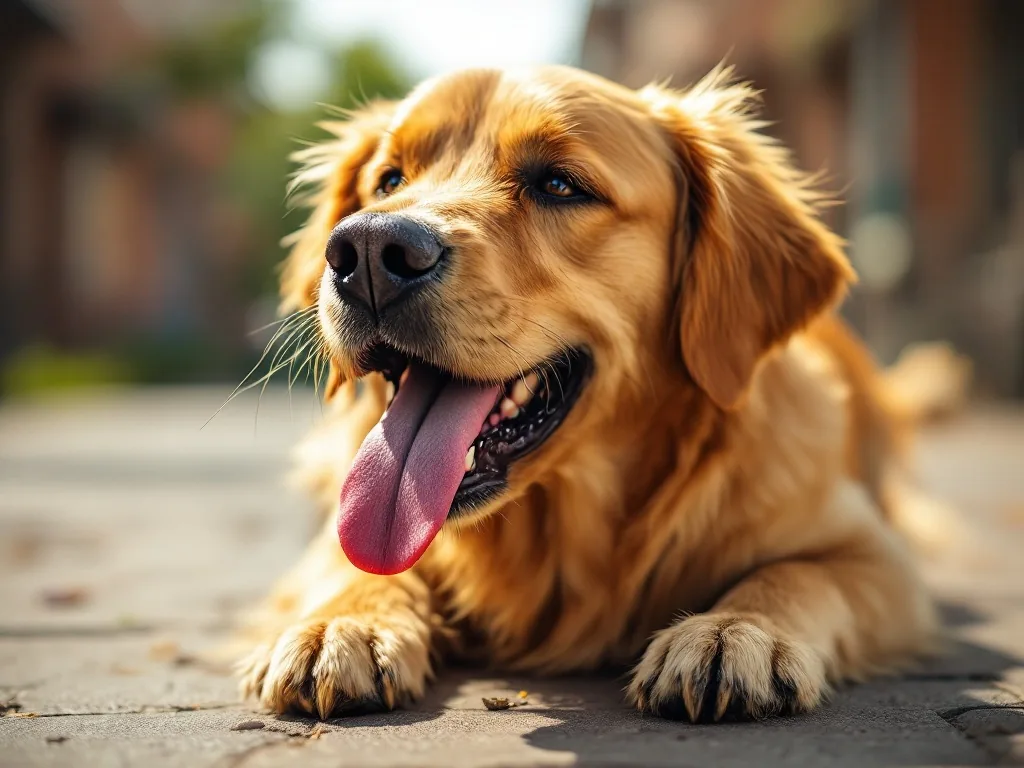 a golden retriever panting heavily on hot pavement in summer, exhausted expression, blurred urban background, editorial photography