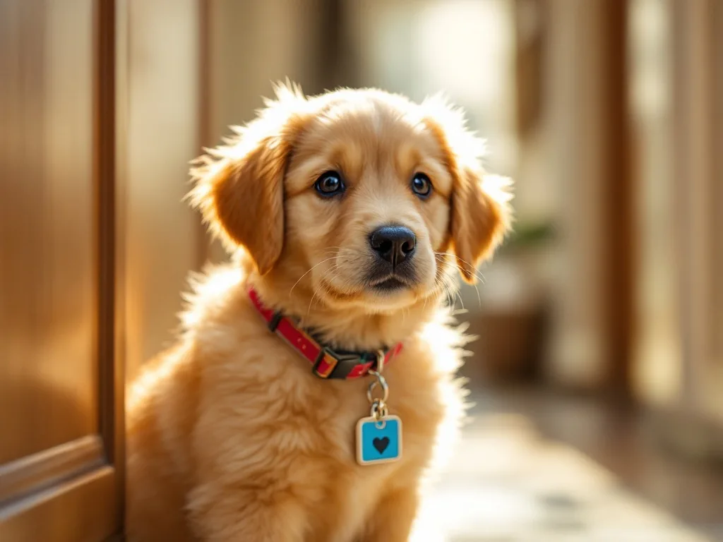 a golden retriever puppy wearing a colorful ID tag on its collar in a sunny Korean apartment hallway, shallow depth of field, natural morning light, lifestyle pet photography