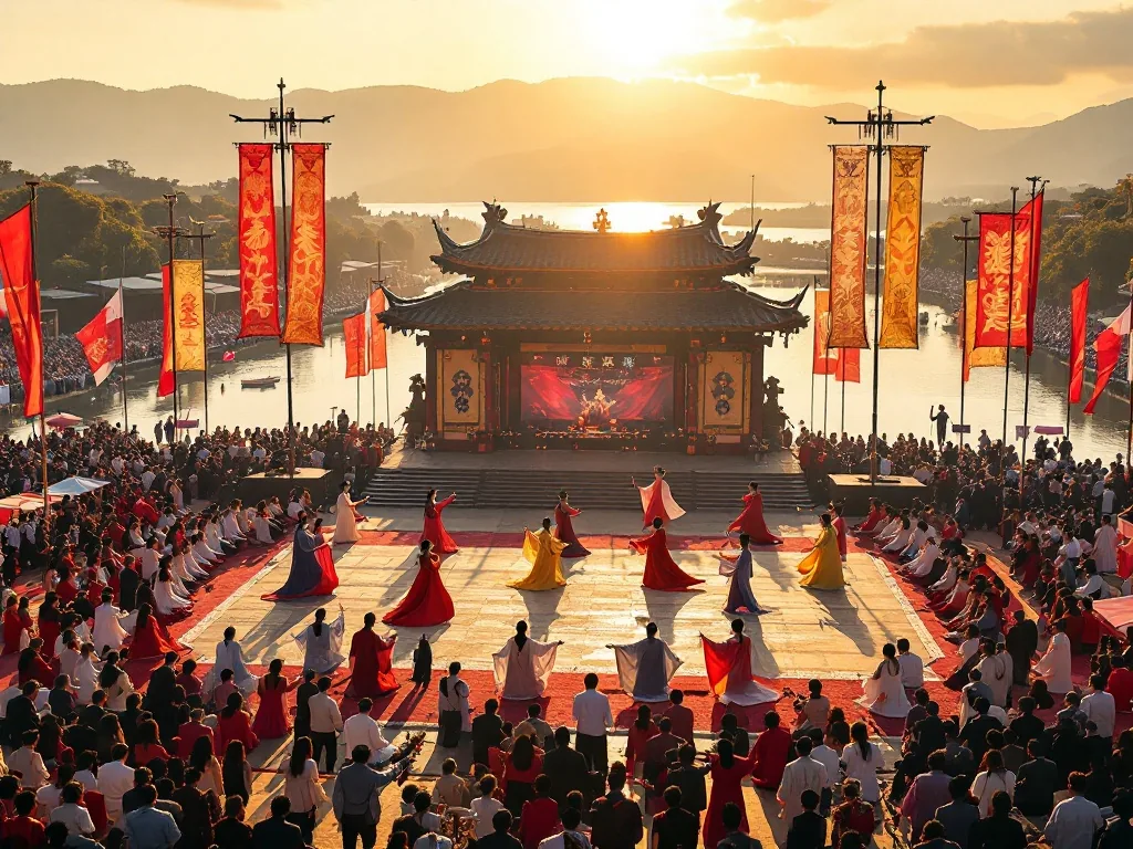 a grand traditional Korean Gangneung Danoje ritual ceremony at a riverside stage, colorful flags and costumes, performers in hanbok, wide outdoor festival setting, warm golden afternoon light, documentary editorial photography