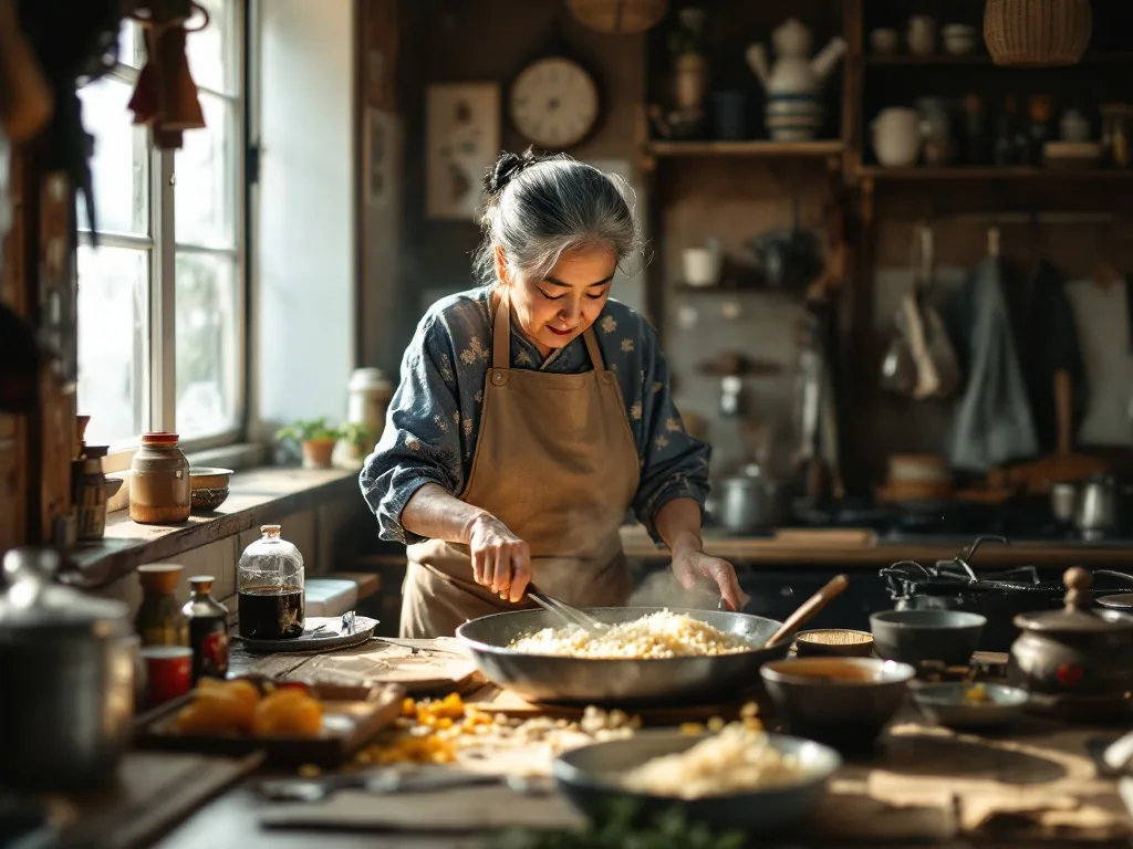 a grandmother in a traditional Korean apron cooking barley rice in a small rustic kitchen, soft natural window light, warm nostalgic atmosphere, editorial food photography, over-the-shoulder wide shot