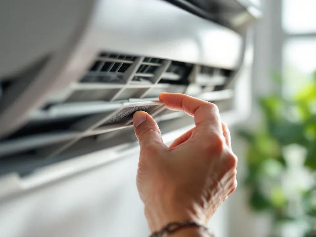 a hand cleaning the dust filter of a home air conditioner unit indoors, soft natural light, close-up, realistic editorial photography, shallow depth of field