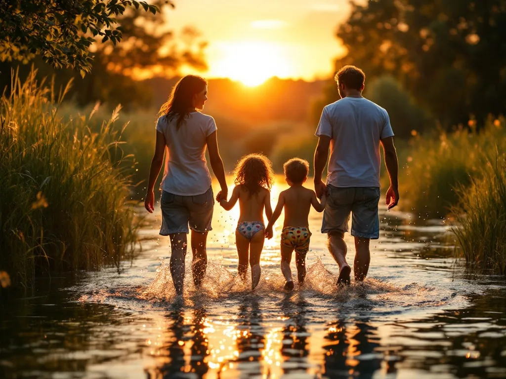 a happy family of four walking away from a river water park at sunset, children laughing with swim rings, golden hour backlight, editorial family photography, peaceful summer ending