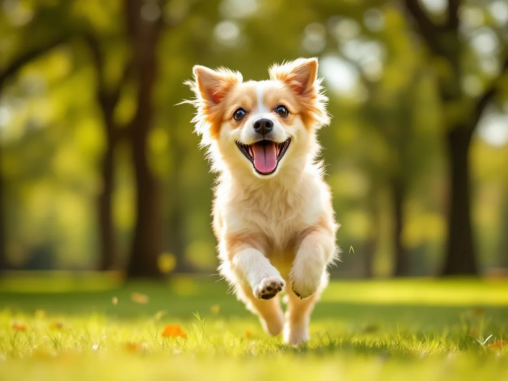 a happy small dog running freely in a sunny park with green trees in background, warm afternoon light, wide angle shot, joyful energetic mood, editorial pet photography