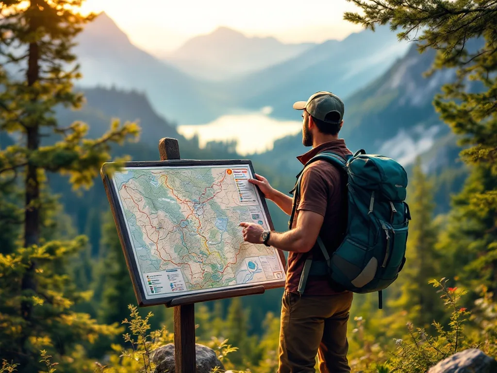 a healthy hiker with a backpack standing at a mountain trailhead looking at a trail map, morning golden light, green forest, travel photography