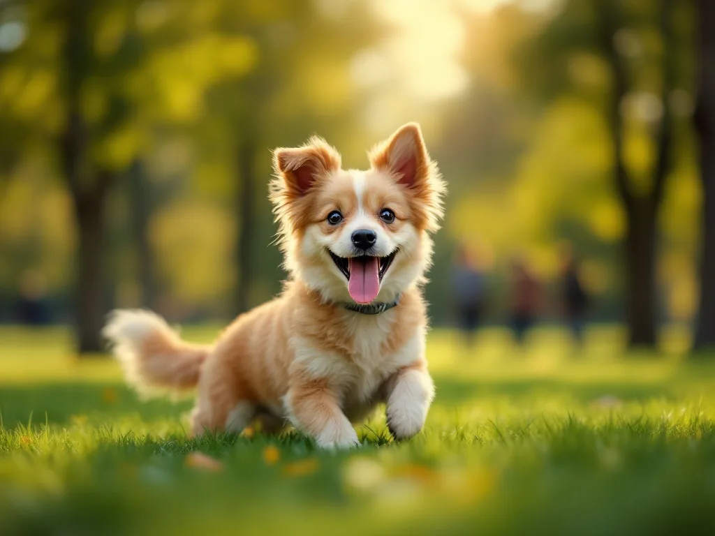 a healthy small dog playing happily with its owner in a shaded green park on a cool morning, joyful and energetic, warm natural light, wide shot