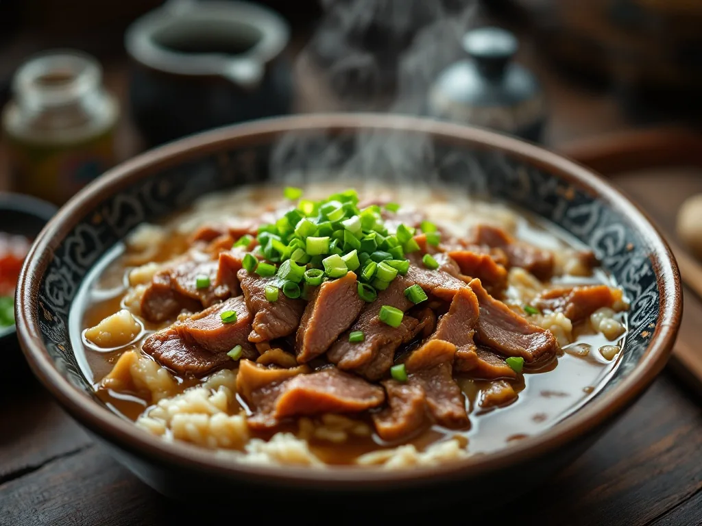 a hearty bowl of korean hanu beef soup with thin sliced beef, rice and chopped scallion, served in a traditional restaurant, steam rising, cozy lunch mood, editorial food photography, photorealistic, no text