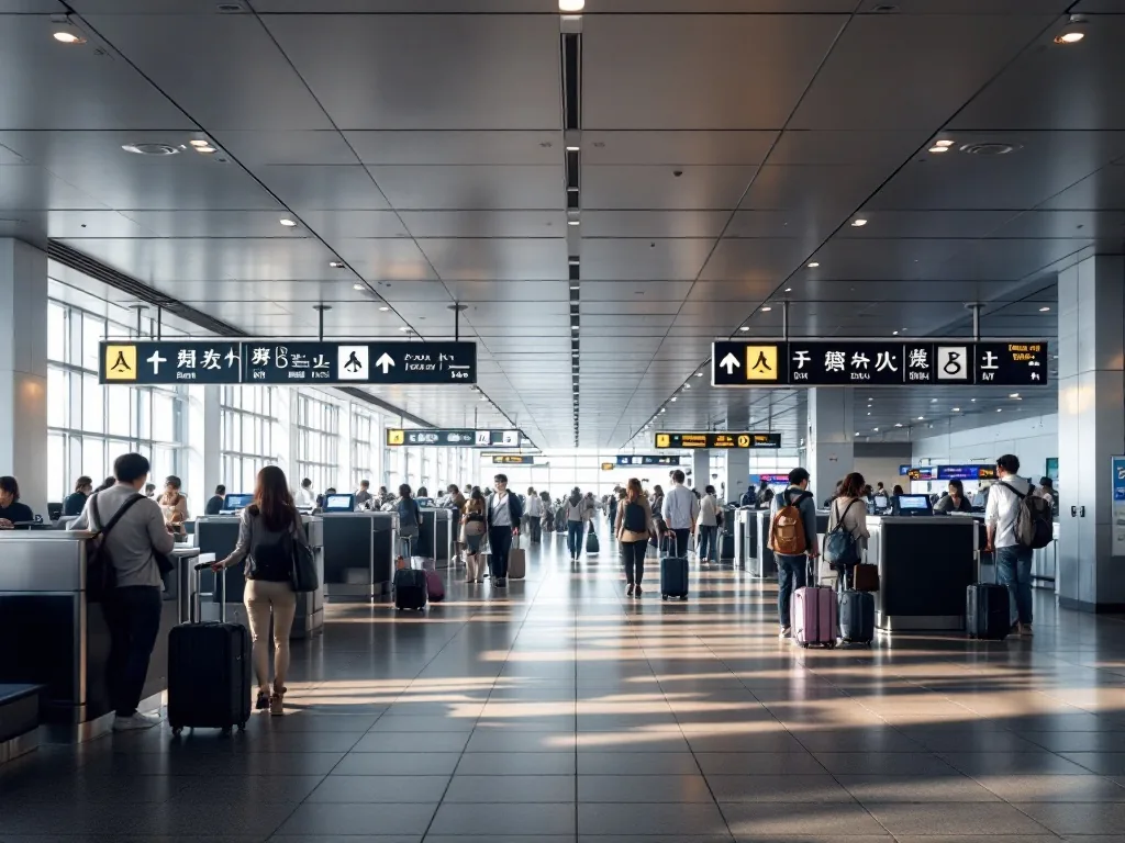 a Japanese airport departure hall, travelers with luggage at check-in counters, soft overhead lighting, calm travel atmosphere, editorial travel photography wide shot