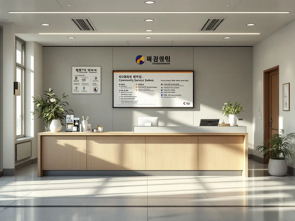 a Korean community service center counter with a waiting area and information desk, clean public office interior, soft daylight, no people faces, wide editorial photography