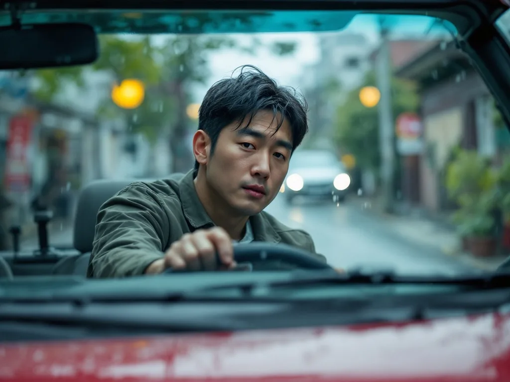 a Korean driver checking windshield wipers in light rain before getting into the car, casual clothing, residential street background, candid documentary style