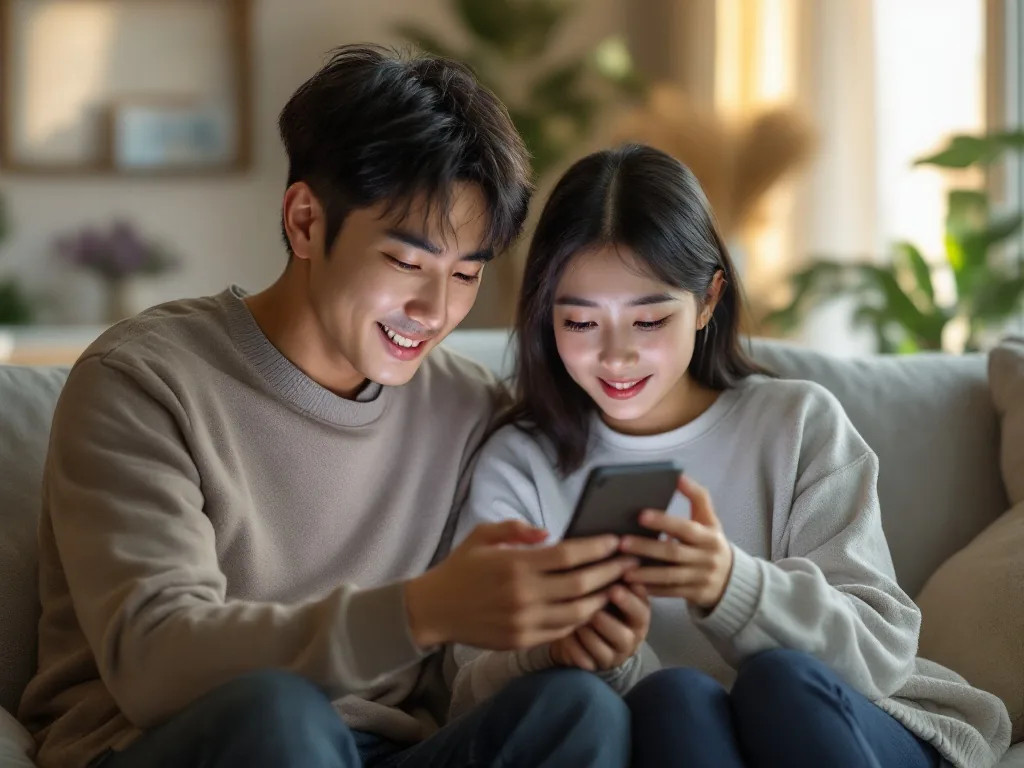 a Korean family looking at a smartphone together in a cozy living room, soft warm indoor light, over-the-shoulder view, checking government benefit app